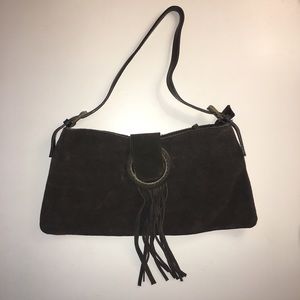 Faux suede shoulder bag with tassels